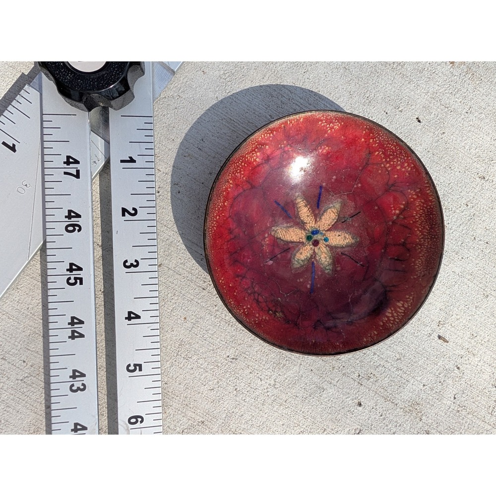 Vintage MCM Red Enamel on Copper Trinket Dish Flower Oxblood Studio Art 4" - Picture 2 of 5